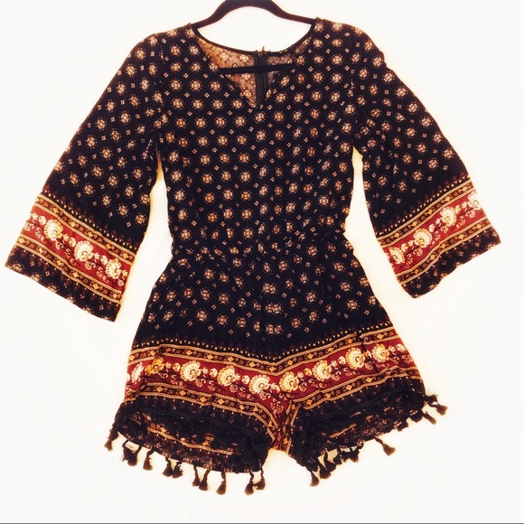 Blu Pepper Pants - Blu Pepper Medium Boho Romper Tassels 3/4 Sleeves